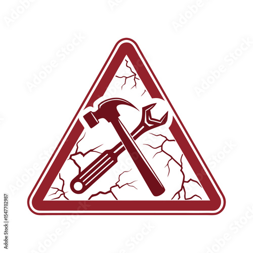 Warning Sign with Hammer and Wrench., Construction or Repair Icon in Triangle with Cracked Background, Isolated Vector on White Background