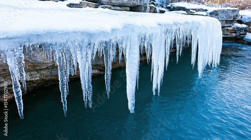 Icicles hanging from a snow covered rock face above teal water Winter landscape