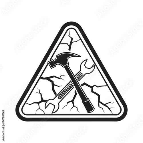 Warning Sign with Hammer and Wrench., Construction or Repair Icon in Triangle with Cracked Background, Isolated Vector on White Background