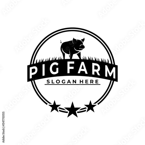 Pig Farm label with circle and stars logo design vector template