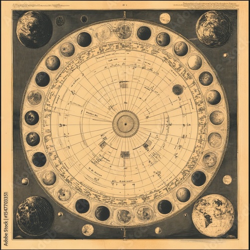 New Ideal Atlas, antique celestial astronomical chart of the phases of the moon, theory of seasons and the solar system. Vintage astronomy art drawing illustration, old astronomy painting art print.