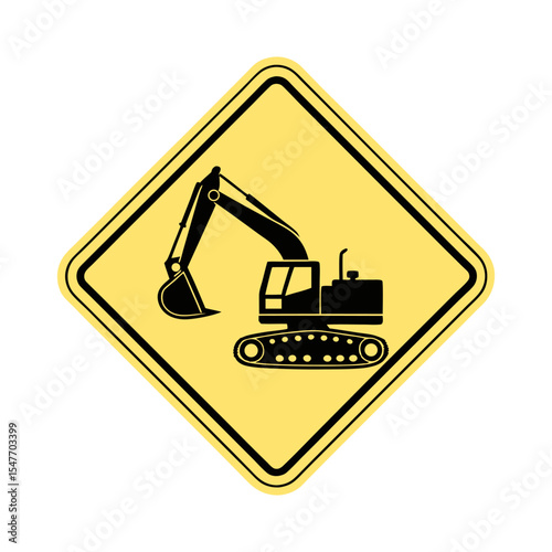 Excavator Construction Warning Sign – Yellow Diamond Road Sign with Black Silhouette of Digger Vehicle, Isolated Vector on White Background
