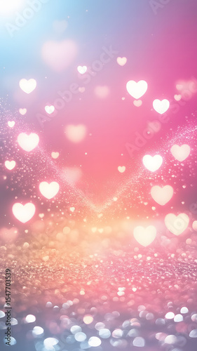 Ethereal Romantic Pastel Background with Glowing Hearts and Sparkling Bokeh