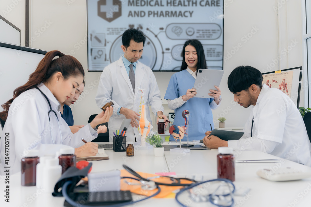 Obraz premium Doctors are talking casually on laptops to prepare for treatment and are having a meeting in the office. The medical team is talking and working together in the hospital.
