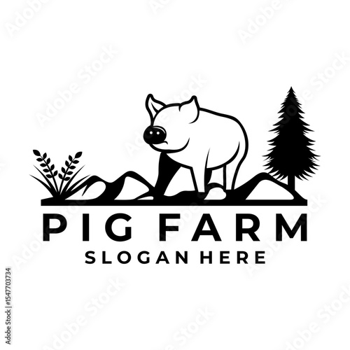 Pig nature line art logo design vector template. Pig Farm logo design