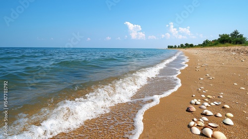 Sandy beach with ocean waves and seashells under a blue sky Summer Coast