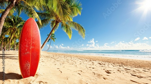 Red surfboard on sandy beach with palm trees and ocean view Sunny tropical beach scene