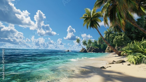 Tropical beach scene Clear turquoise water white sand palm trees and a partly cloudy sky