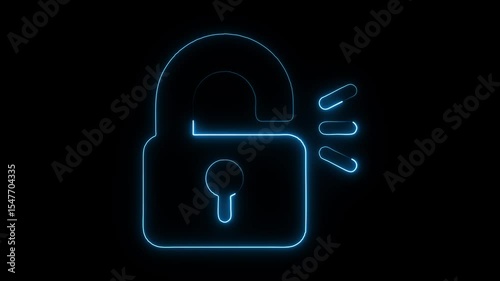 Glowing neon lock icon isolated on black background. HD Video motion graphic animation