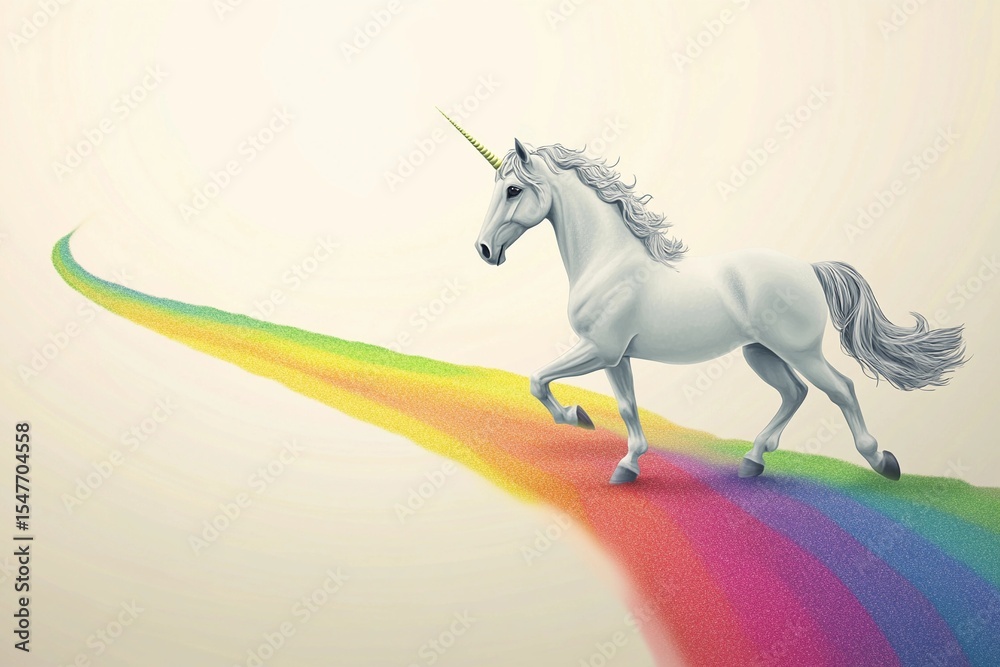 Fototapeta premium Unicorn gracefully gallops through the sky, leaving a vibrant rainbow trail illuminated by sunlight