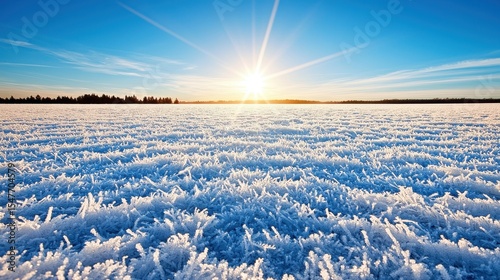 Frosty field at sunrise winter landscape with frost covered grass and a clear blue sky