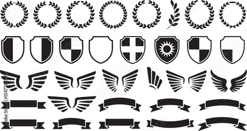 Heraldic Elements Collection Vector Illustration Set with Shield and Wings