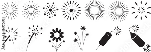 Festive Fireworks Vector Set Sparklers Explosions for Celebrations and Events