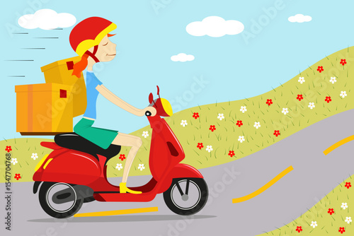 Cartoon image of a delivery man in a red helmet riding a red scooter with orange boxes along a road strewn with colorful flowers under a blue sky with clouds.