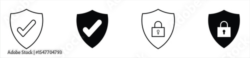 Shield Security Icons – Checkmark and Lock Symbol Set