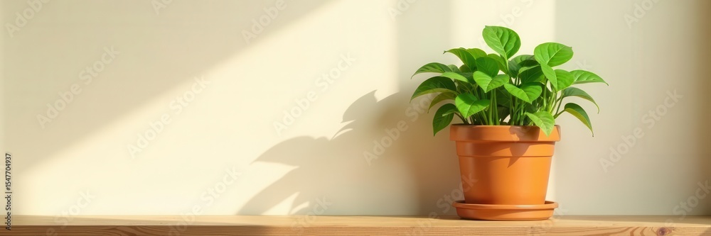 Fototapeta premium Howea in pot, wooden shelf, shadow, beige wall, style, plant arrangement, botanical