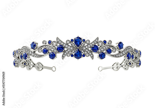 Silver tiara with blue gems and smaller white diamonds set against a black background