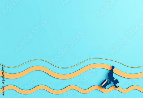 Blue background, wavy lines, abstract shapes, luggage, walking silhouettes, paper cut style,  design,   suitcase