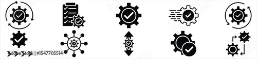 Gear and Process Management Icons – Quality Control and System Optimization Symbols