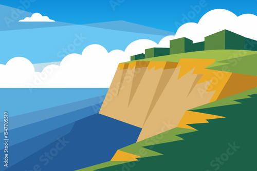 Coastal cliffside town landscape illustration