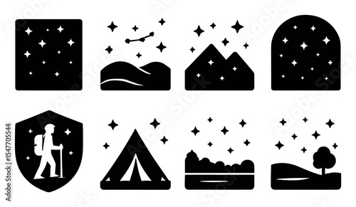 Night sky, stargazing silhouette icon set. stars, astronomy, camping, hiker, nature icons
