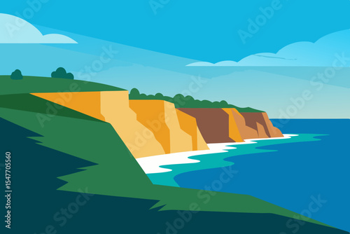 Coastal cliffs landscape illustration summer ocean view