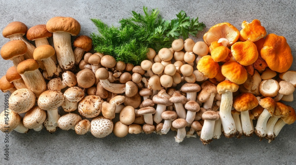 A variety of mushrooms on a gray background, great for cooking blogs and healthy eating articles. A variety of mushrooms on a gray background, great for cooking blogs and healthy eating articles.