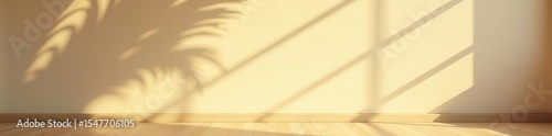 Sunlit palm shadows on beige wall, wooden floor Brand mockup , tropical, warm, space