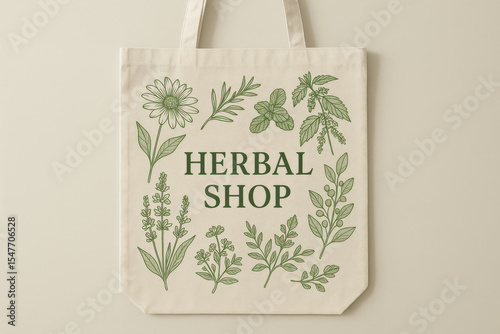 a tote bag featuring botanical illustrations of various herbs and flowers with the text herbal shop prominently displayed in green