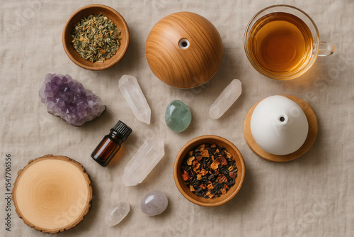 Natural elements arranged elegantly, featuring herbal tea, essential oil, crystals, and wood accents, creating a serene atmosphere for relaxation and wellness