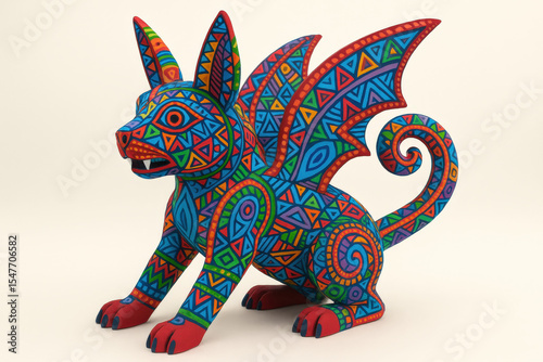 Alebrije (Mexican folk art creature) sculpture with vibrant patterns and large wings stands out against a light background, showcasing artistic creativity and imagination