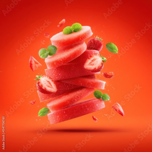Floating slices of watermelon and strawberries with green mint leaves on a vibrant orange background.