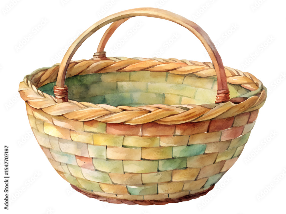 Obraz premium Pastel Watercolor Woven Basket with Handles on Transparent Background