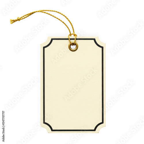 Blank gift tag with gold string isolated on transparent background