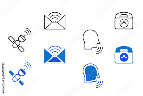 Communication line and flat icon set. Speak, phone, mail, contact, chat, website, satellite, radio, online conservation, social media message concepts, message icons. Editable vector illustration