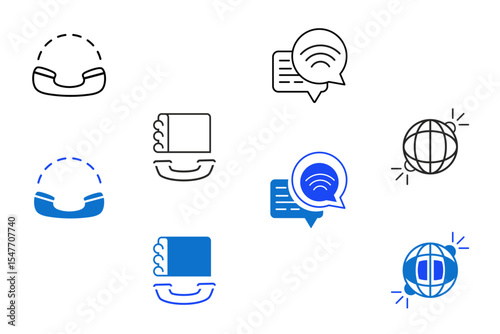 Communication line and flat icon set. Speak, phone, mail, contact, chat, website, satellite, radio, online conservation, social media message concepts, message icons. Editable vector illustration