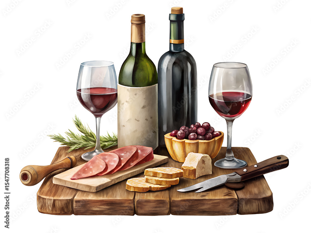 Naklejka premium Rustic Still Life of Red Wine with Charcuterie and Cheese
