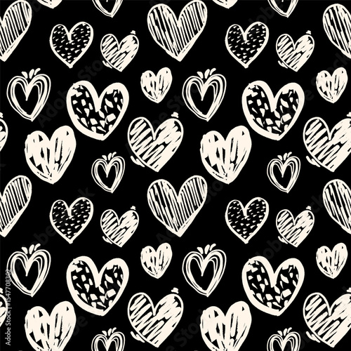 Grunge heart semless pattern on black background. Felt pen doodle heart pattern. Marker pen hand drawn hearts romantic design for fabrics, textile, wrapping paper, romantic packaging
