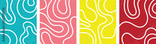 Organic fluid doodle curved wiggling lines, stripes, waves vector backgrounds set. Liquid, funky chaotic ornaments, groovy hippie patterns collection. Uneven hand drawn wavy, winding twisted lines .