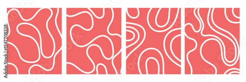 Organic fluid doodle curved wiggling lines, stripes, waves vector backgrounds set. Liquid, funky chaotic ornaments, groovy hippie patterns collection. Uneven hand drawn wavy, winding twisted lines .