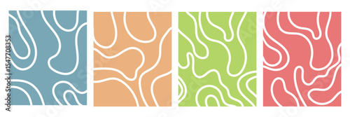 Organic fluid doodle curved wiggling lines, stripes, waves vector backgrounds set. Liquid, funky chaotic ornaments, groovy hippie patterns collection. Uneven hand drawn wavy, winding twisted lines .