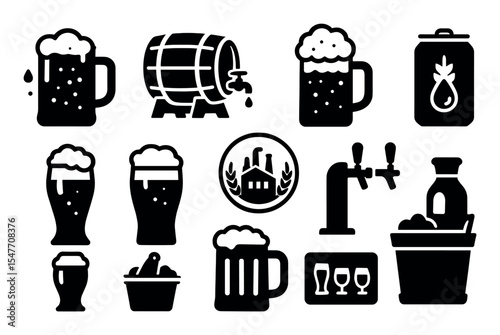 Beer and brewery solid icon set. brewing symbols, glass, barrel, brewery icons collection