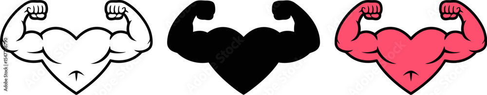 Obraz premium Strong heart vector illustration for love and fitness concept with muscle arms and heart shape design set editable stock vector
