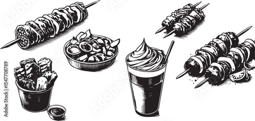 Barbeque street food collection in brush stroke texture isolated on white background. Hand drawn vector sketch illustration in vintage charcoal ink style. Shawarma, doner kebab, pita, meat on skewer