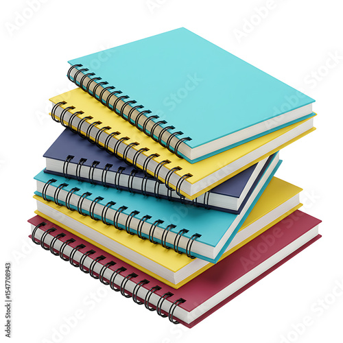 Stack of colorful spiral notebooks with various covers