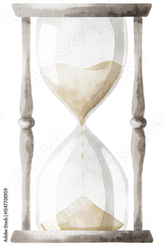 Watercolor illustration of an hourglass on transparent background.