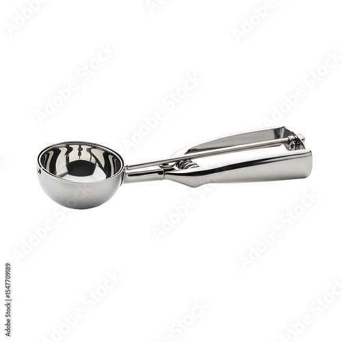 Stainless steel ice cream scoop bowlshaped end leveraction handle against a black backdrop