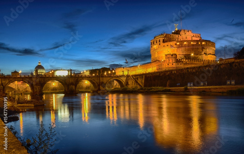 St.Angelo Bridge and Castle Sant'Angelo by night, Rome, Italy
