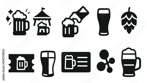 Beer festival solid icon set. brewery, hops, pint, mug, foam solid collection