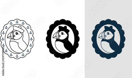 Puffin bird logo design with sailor hat vector illustration nautical theme animal mascot badge emblem icon 100 editable stock vector